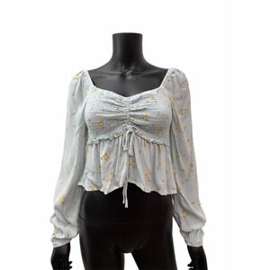 Sophie Rue‎ Blue Floral Smocked Peplum Blouse Size S Puff Long Sleeve